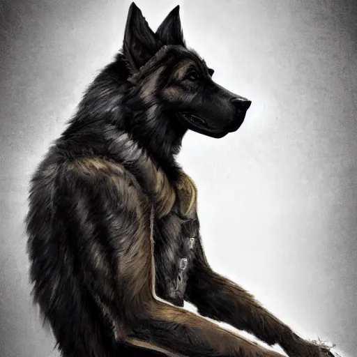 Image similar to a humanoid german shepherd beast - man in military style, sitting on the carpeted floor beside a bed, highly detailed portrait, digital painting, artstation, concept art, smooth, sharp foccus ilustration, artstation