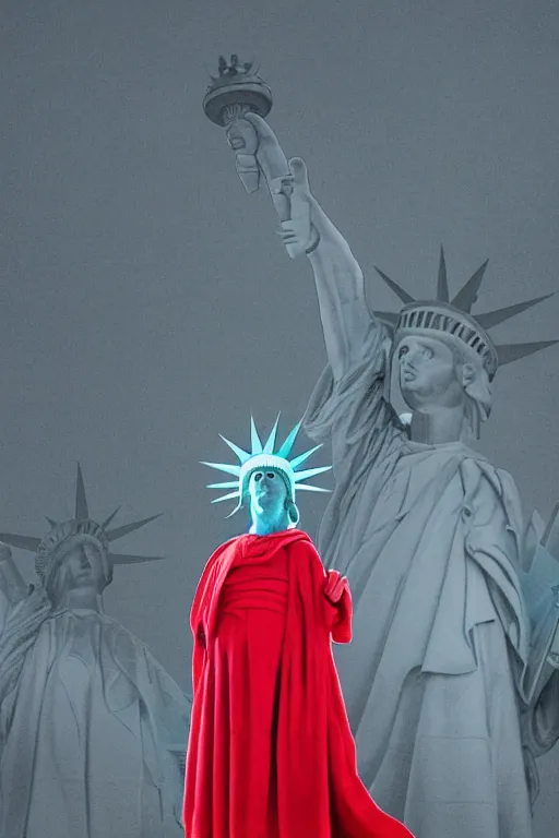 Prompt: award winning photo of the Statue of Liberty wearing Handmaid's Tale Costume, red robe, white bonnet, dramatic, cinematic lighting, 4k