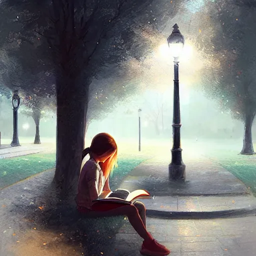 Image similar to a girl reading a book, city park, street lighting, greg rutkowski, digital painting