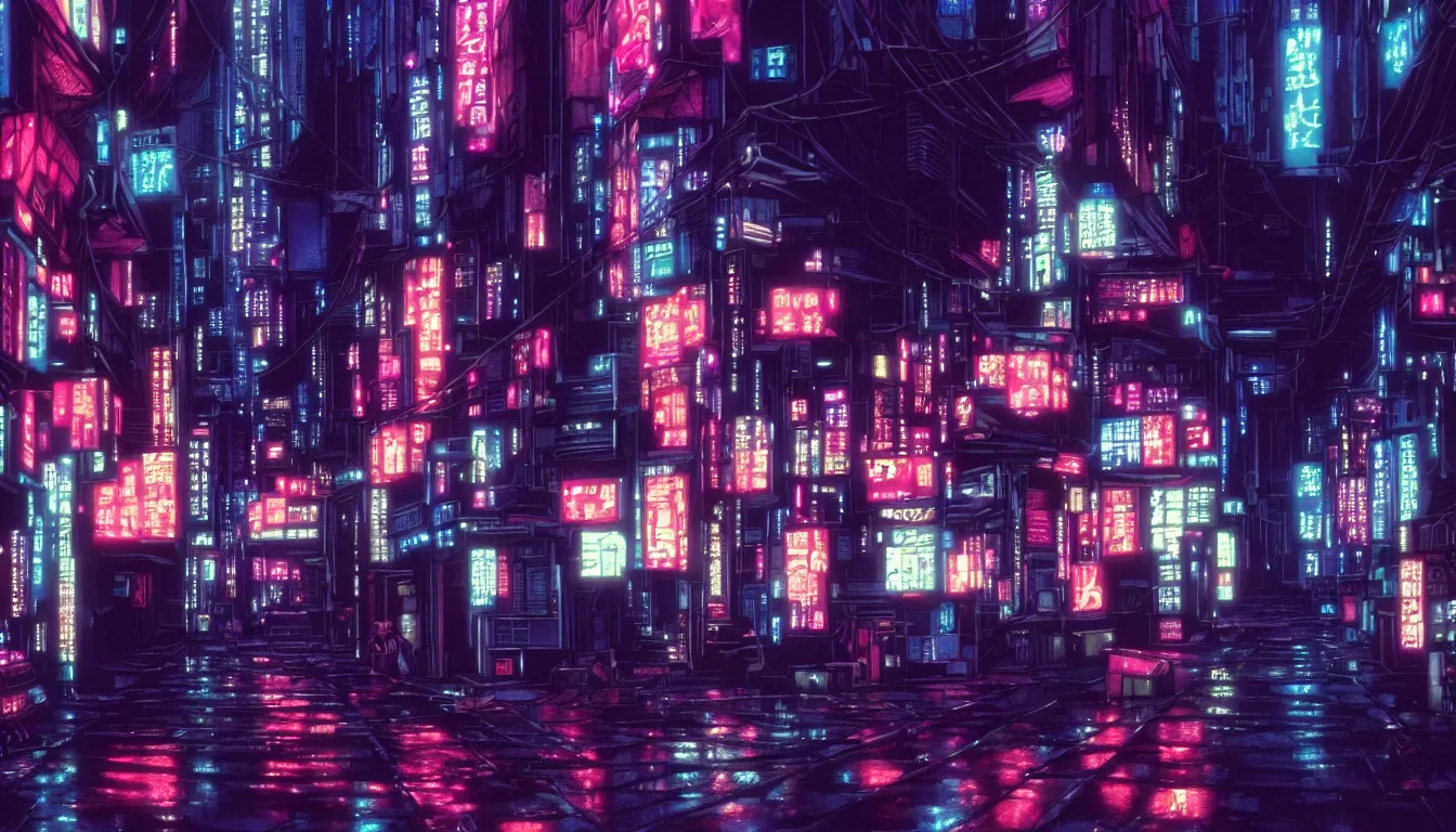 Prompt: screencap of an alley inside a city from ghost in the shell ( 1 9 9 5 ), night time, neon lights, rain, busy, traffic