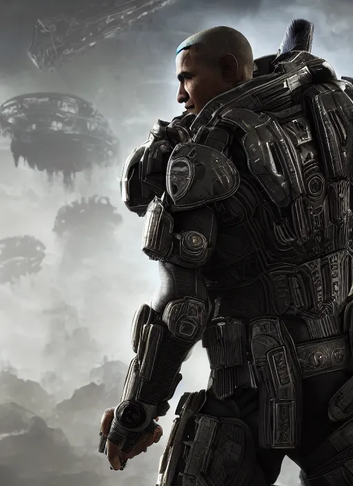 Image similar to full body character portrait of barack obama in gears of war wearing cig armor, metal gear rising, metal gear, barack obama, octane render, 8 k, realistic face, ray tracing, ps 5, subsurface scattering, realistically proportioned head, realistically proportioned face, ambient occlusion