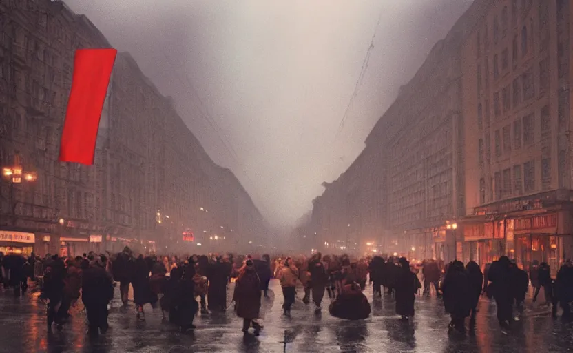 Image similar to 40s movie still of a sovietic street with many pedestrians with stalinist style building, Cinestill 800t 18mm, heavy grainy picture, very detailed, high quality, 4k panoramic, HD criterion, dramatic lightning, streetlight at night, rain, mud, foggy, soviet flags