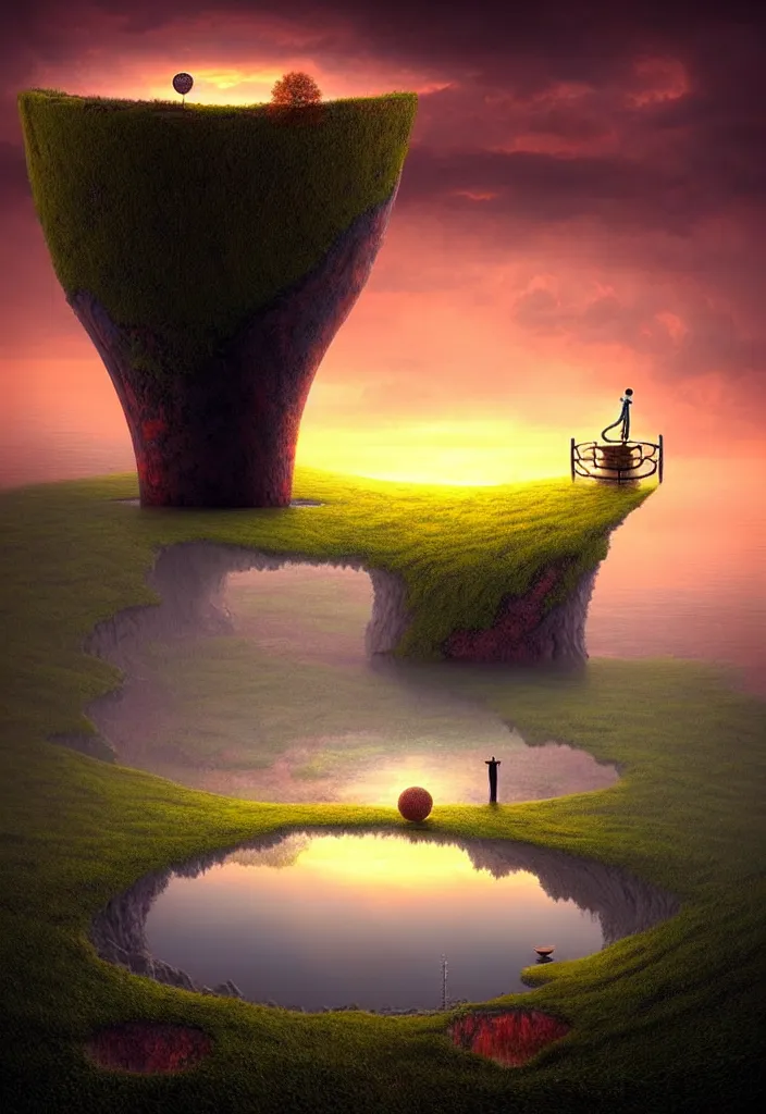 Image similar to a surreal landscape at sunset with a immense gigantic ornated iron chalice cup with a lake inside, water in excess droping by gediminas pranckevicius