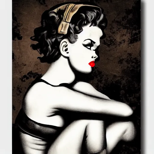 Prompt: rough rugged ww 2 nose art of a pinup girl on a black wall