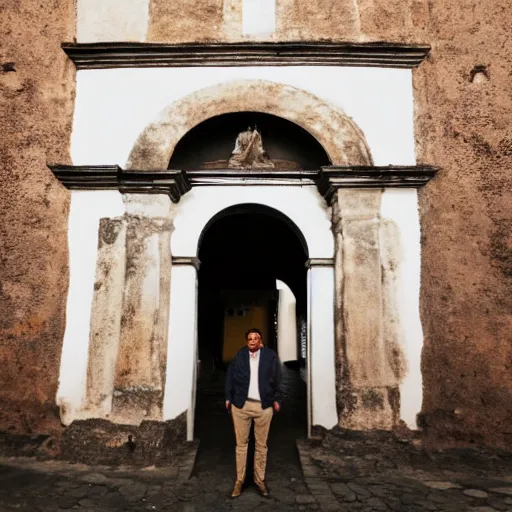 Image similar to a picture of a man standing in front an arch in antigua guatemala at night