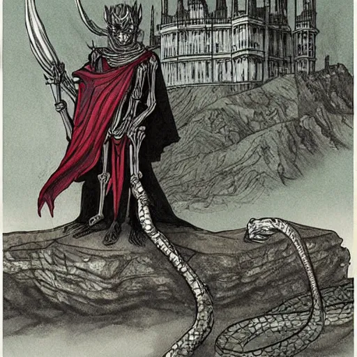 Image similar to A beautiful mixed media art of a horned, red-eyed, skeleton-like creature, with a long black cape, and a staff with a snake wrapped around it, standing in front of a castle atop a cliff. in the USA, Ancient Roman by Charles Robinson, by Terada Katsuya mood, delicate