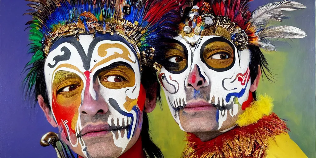 Image similar to ney matogrosso with paint on face, feathers, leather, lace, gold wings on head, tibetan skeleton dancer, painting by gottfried helnwein, max ernst