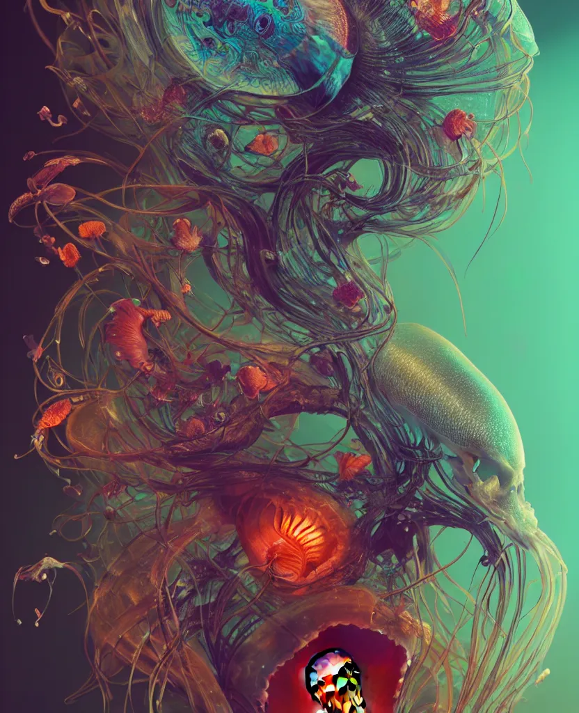 Image similar to goddess close-up portrait animal skull. jellyfish phoenix head, nautilus, orchid, skull, betta fish, bioluminiscent creatures, intricate artwork by Tooth Wu and wlop and beeple. octane render, trending on artstation, greg rutkowski very coherent symmetrical artwork. cinematic, hyper realism, high detail, octane render, 8k