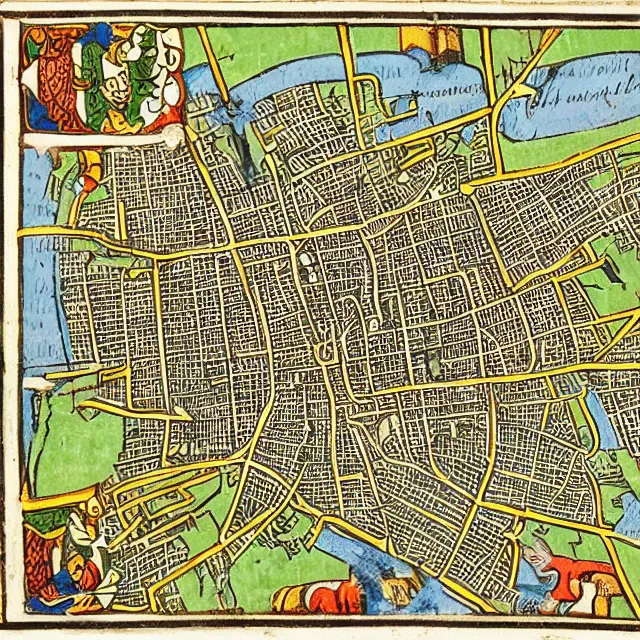 Image similar to medieval manuscript isometric map of london, detailed, illuminated illustration woodcut