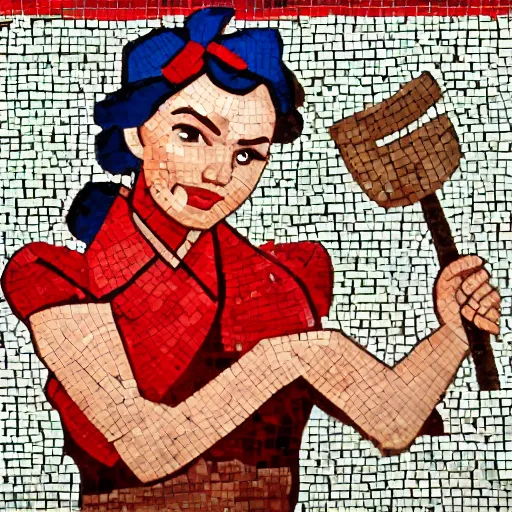 Image similar to Rosie the riveter holding a hammer and sickle, wearing a red rose, on roman mosaic