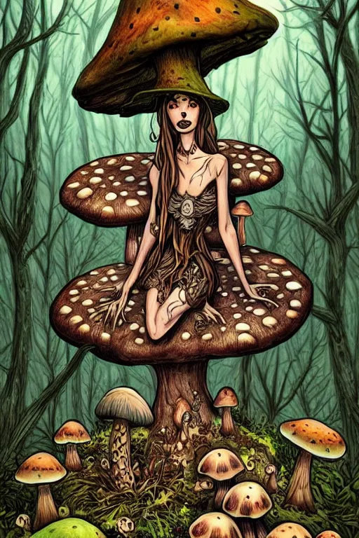 Prompt: a beautiful witch sitting on a toadstool in a forest, skulls and mushrooms, fantasy graphic novel style, by wendy pini, intricate, very fine inking lines, extremely detailed, 4k, hd