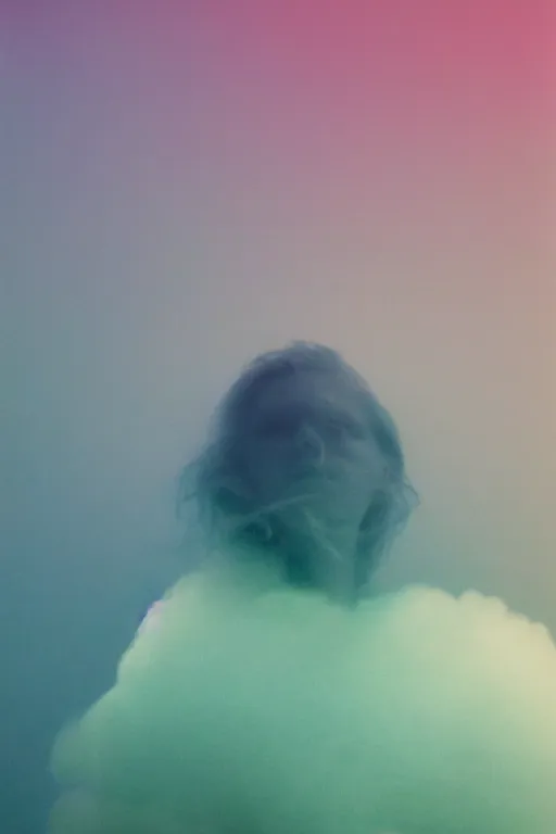 Image similar to high quality pastel coloured film close up wide angle photograph of a model wearing clothing resting on cloud furniture in a icelandic black rock environment in a partially haze filled dreamstate world. three point light, rainbow. photographic production. art directed. pastel colours. volumetric clouds. pastel gradient overlay. waves glitch artefacts. extreme facial clarity. 8 k. filmic.