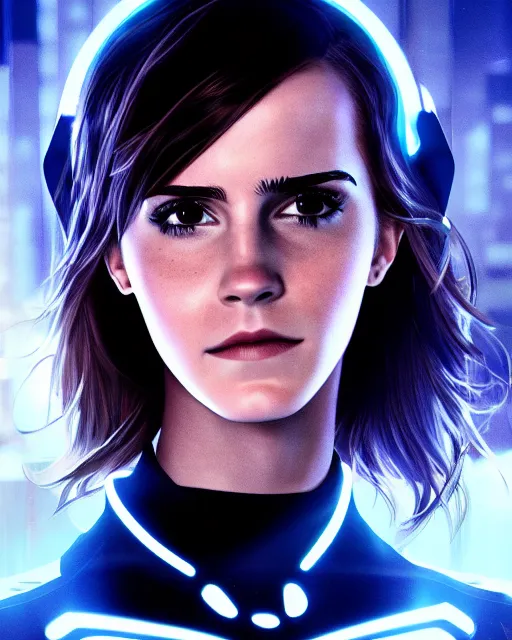 Image similar to portrait shot of emma watson in tron legacy cosplay, epic pose, concept art, by artgerm and luis royo, award winning professional photography, cinematic, octane render