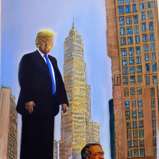 Image similar to a painting of donald trump in front of trump tower by bekinski and by john howe