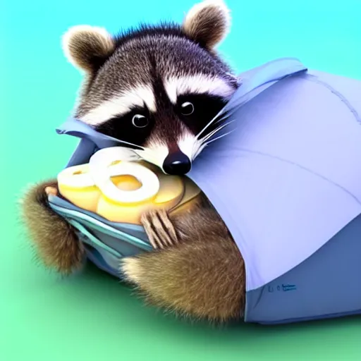 Image similar to a cute baby raccoon waearing a diaper in a sleeping bag and tent, 3d cgi, pixar adorable character art