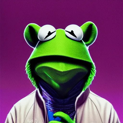 Prompt: furry kermit the frog cyberpunk portrait by gaston bussierre and charles vess and james jean and erik jones and rhads, inspired by rick and morty, epic, funny, huge scale, beautiful fine face features, intricate high details, sharp, ultradetailed