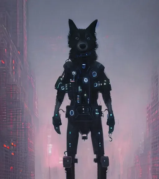 Image similar to new york city portrait of furry anthro anthropomorphic border collie head animal person fursona wearing clothes strange cybernetic augmentations cyber muzzle gloomy rainy cyberpunk digital art by Greg Rutkowski, Simon Stalenhag, trending on Artstation, CGSociety