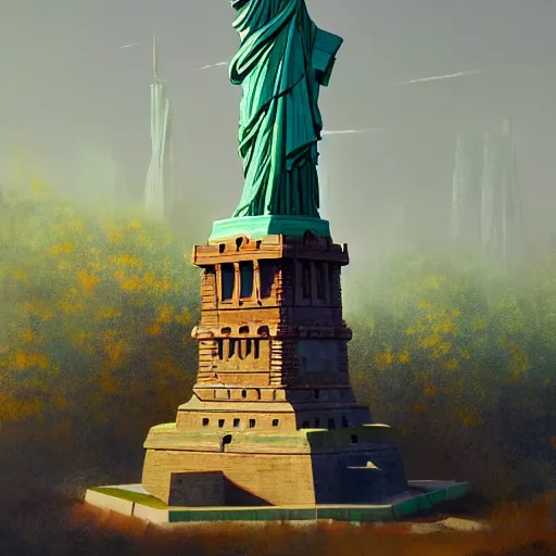 Image similar to a fantasy solarpunk statue of liberty, landscape illustration by greg rutkowski, bright sunlight, sun glints, vivid and colorful trees and plants and flowers, digital art, 8 k, trending on artstation