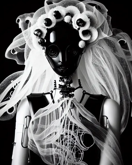 Image similar to dreamy surreal poetic black and white photo of a beautiful young bio-mechanical-female-jellyfish-cyborg-plastic-robot with a very long neck and a super big gothic lace collar and a very high big floral crown with many black dry roses by Vivienne Westwood:: smoke, high fashion, haute couture, rococo, avant-garde, elegant, dreamy, hyper realistic, 150 mm lens, soft rim light, octane render, unreal engine, picture was taken in 1910 by Dora Maar, volumetric lighting, dramatic light,8k,