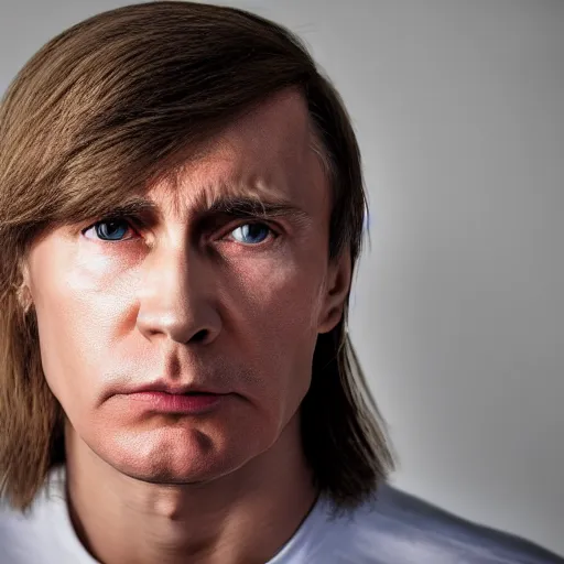 Image similar to ultrarealistic portrait of vladimir putin with a mullet haircut, canon eos r 3, f / 1. 4, iso 2 0 0, 1 / 1 6 0 s, 8 k, raw, unedited, symmetrical balance, in - frame