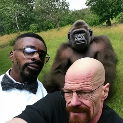 Image similar to walter white taking a selfie with a gorilla