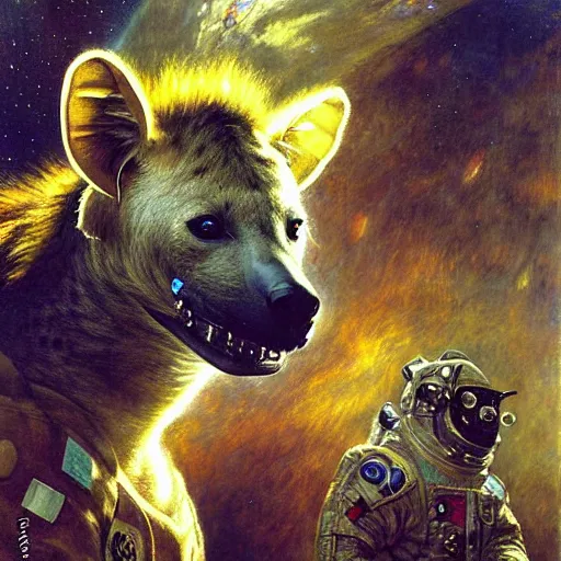 Image similar to portrait of a male hyena wearing a space suit in a space ship. shadowrun furaffiniy cyberpunk fantasy highly detailed painting by gaston bussiere craig mullins jc leyendecker gustav klimt artgerm greg rutkowski john berkey, bergey, craig mullins, ruan jia, raymond swanland, jeremy mann, tom lovell, alex malveda