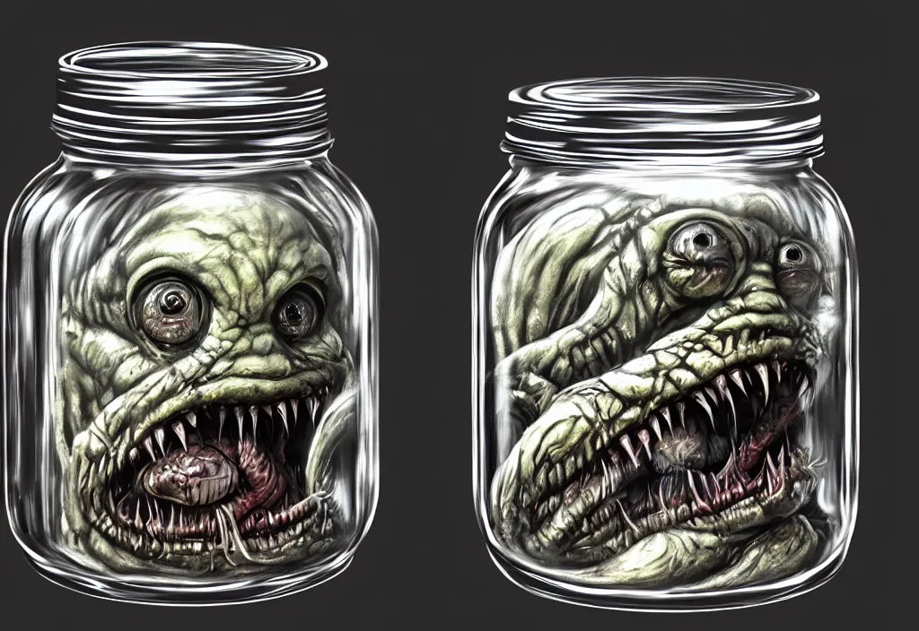 Prompt: Photorealistic miniature monster inside a jar on clean background by H.R. Giger, KDA and Sam Yang, trending on artstation