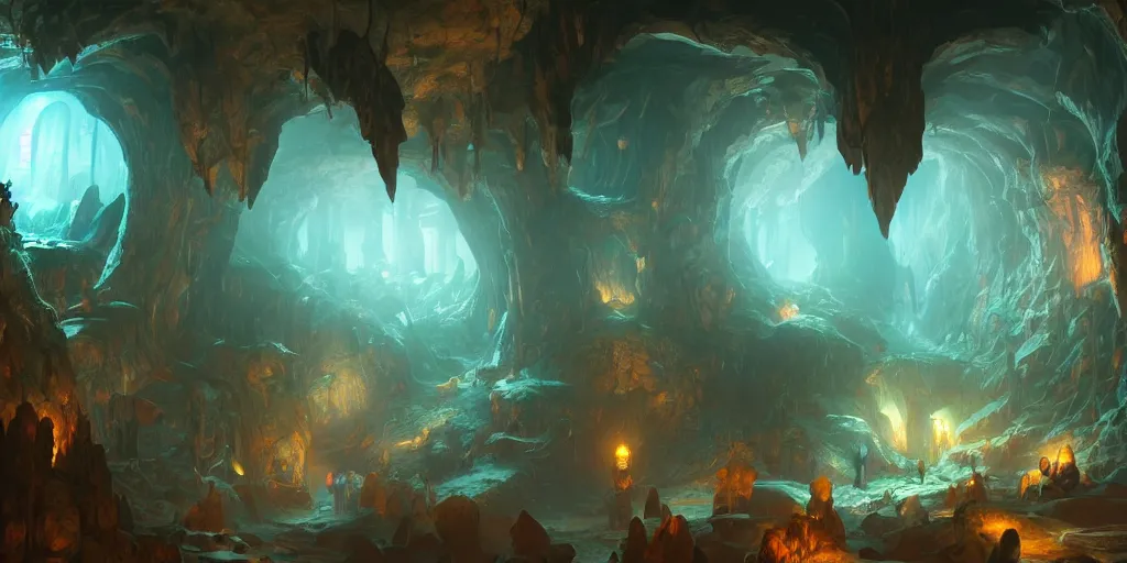 Image similar to fantasy underground caverns, saturated, atmospheric lighting, high quality, sharp focus, intricate, digital art, artstation, 4k