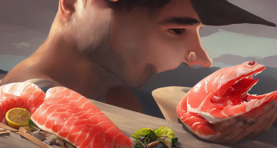 Image similar to a beautiful painting of a man eating raw fish gigantic, octane render, brilliantly coloured, intricate, ultra wide angle, trending on artstation, dusk, volumetric lighting, polished, micro details, ray tracing, 8k