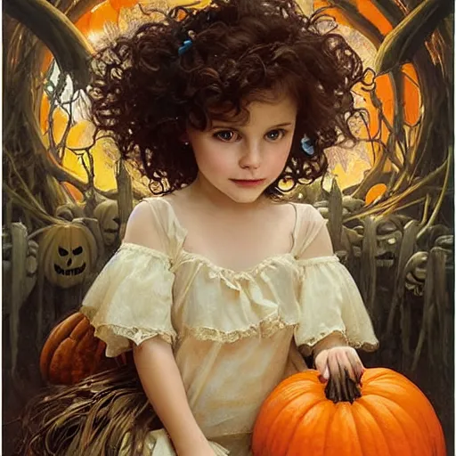 Prompt: a cute happy little girl with light brown wavy curly hair and blue eyes sitting amidst piles of halloween decor skulls and pumpkins. beautiful cute highly detailed face. spooky halloween themed painting by artgerm and greg rutkowski and alphonse mucha.