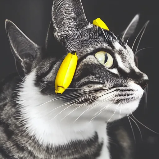 Prompt: a cat with banana on his head, professional photography