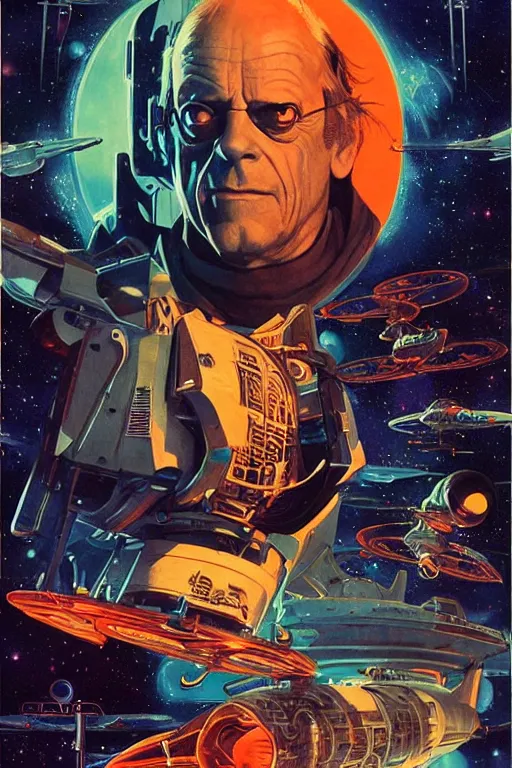 Image similar to Christopher Lloyd is a space pirate, science fiction, retro cover, high details, intricate details, by vincent di fate, artgerm julie bell beeple, 60s, inking, vintage 60s print, screen print