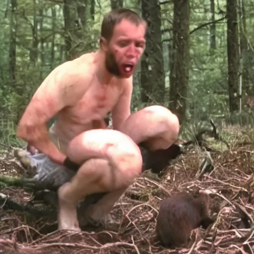 Prompt: found footage of a monstous beast feeding on animals in the dead forest, flesh night