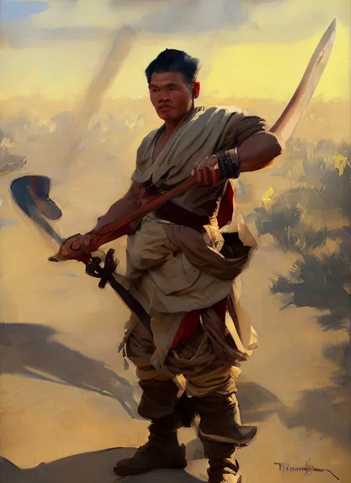 Image similar to greg manchess portrait painting of a filipino man holding a sword sitting on a tank, asymmetrical, profile picture, organic painting, sunny day, matte painting, bold shapes, hard edges, street art, trending on artstation, by huang guangjian, gil elvgren, ruan jia, randy vargas, greg rutkowski