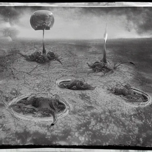 Image similar to tintype, wide view, thundra ufo crash site, team of scientists studying captured alien octopus, photorealistic, highly detailed
