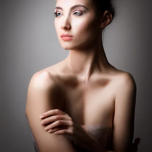 Image similar to portrait of a beautiful model, blurred background, high end photography, studio light, sharp focus