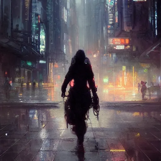 Image similar to wanderer, sidewalk of a cyberpunk megacity, dramatic lighting, detailed background, gorgeous view, realistic, high detail, depth of field, lightrays, atmospheric, digital art, painted by greg rutkowski, painted by jeremy mann, painted by alphonse mucha, trending on artstation