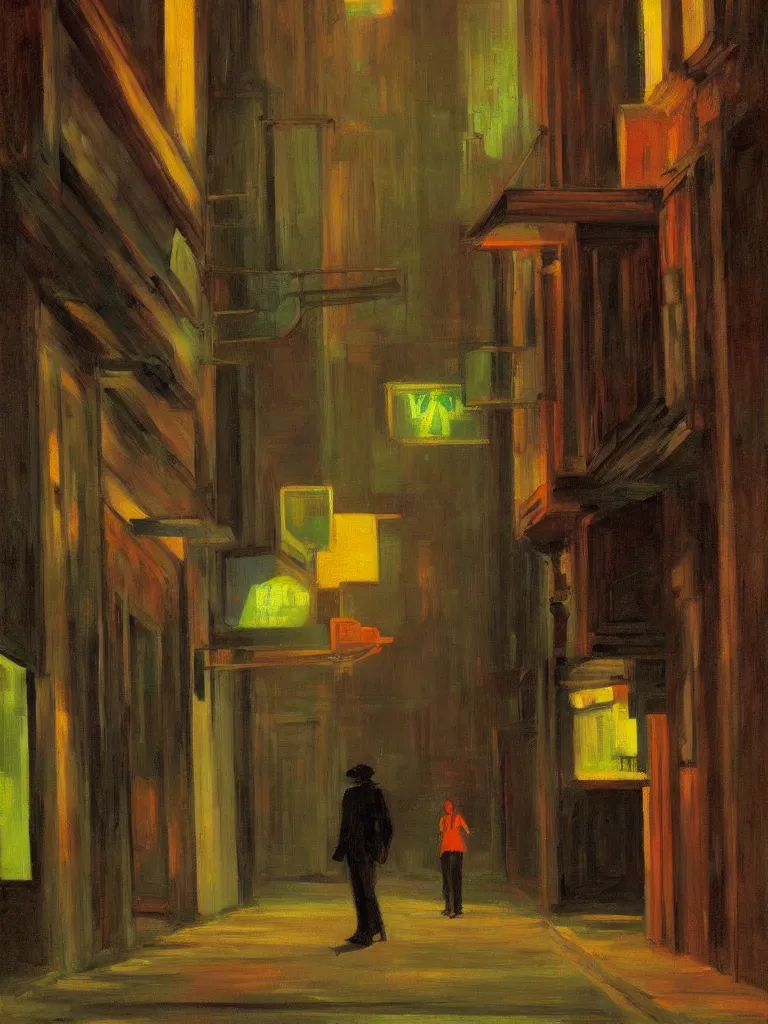 Prompt: a dark alley with abandoned buildings, a nightclub with neon signs by edward hopper