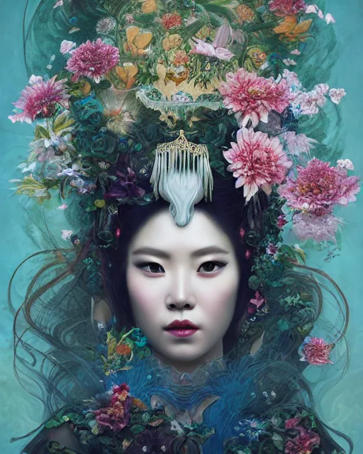 Prompt: portrait of the chinese queen of the underworld, surrounded by flowers by karol bak, james jean, tom bagshaw, rococo, sharp focus, trending on artstation, cinematic lighting, hyper realism, octane render, 8 k, hyper detailed.