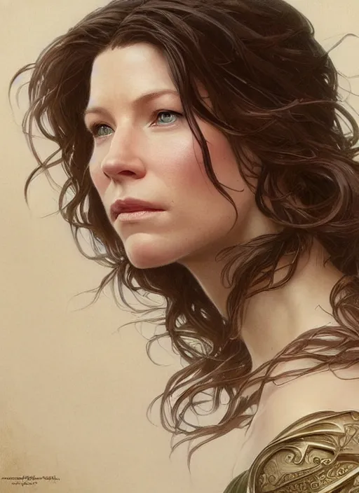 Prompt: beautiful portrait of evangeline lilly, by magali villeneuve and greg rutkowski and artgerm and alphonse mucha, intricate, elegant, highly detailed, photorealistic, trending on artstation, trending on cgsociety, 8 k, sharp focus