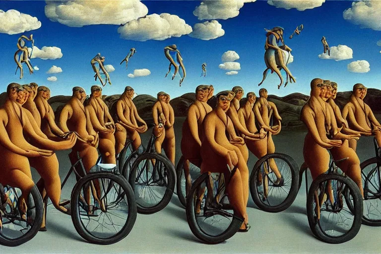 Image similar to a surrealist painting of people riding bikes with baguettes on their heads, Dali, Magritte