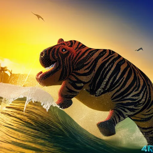 Image similar to a closeup photorealistic photograph of a cute smiling knitted tiger hippopotamus riding a wave at sunset. surf in background. professional capture. brightly lit scene. this 4 k hd image is trending on artstation, featured on behance, well - rendered, extra crisp, features intricate detail, epic composition and the style of unreal engine.