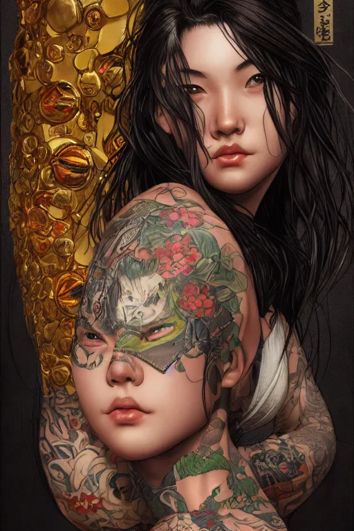 Image similar to portrait of yakuza girl with tattoo, highly detailed, marvel comics, dark, digital painting, artstation, concept art, smooth, sharp focus, illustration, art by Gustav Klimt