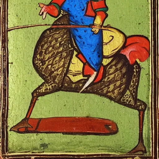 Image similar to knight riding on a frog, medieval painting