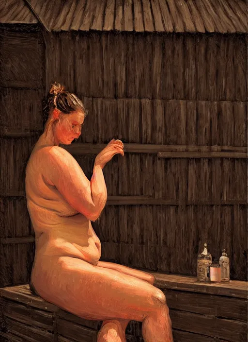 Prompt: giant woman in finnish sauna, backround dark, highly detailed, digital illustration, trending in artstation, modern painting, smooth, sharp focus, intricate, einar jonsson, ilya repin