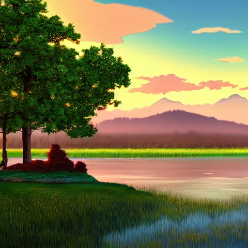 Image similar to a serene landscape with a singular building near a lake at sunset, anime style, 8k, low saturation, high quality, high detail, cartoon