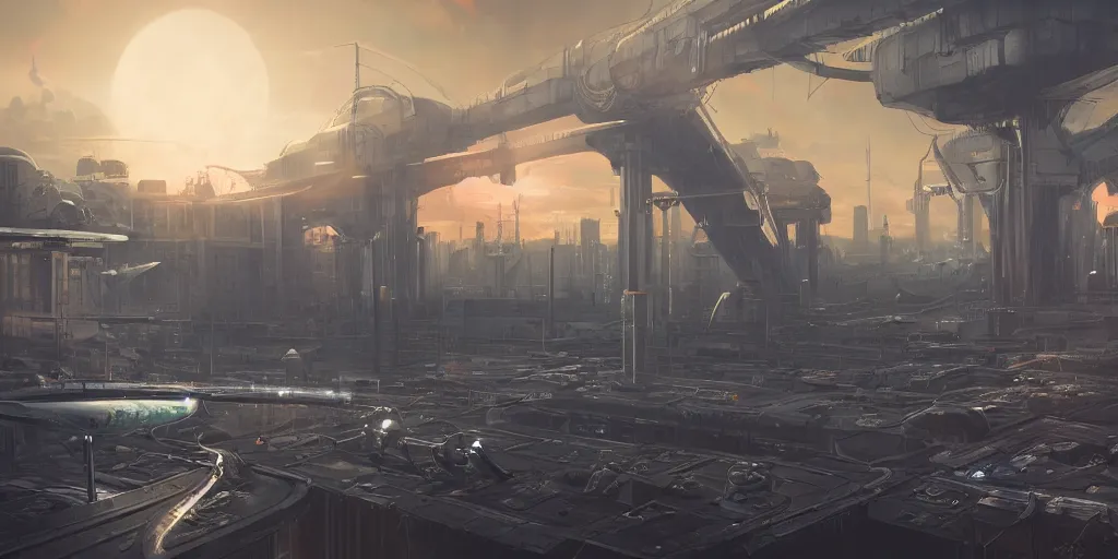 Image similar to alien spacecraft hovering over busy space port surrounded by alien robots, steel archways, industrial buildings, rusty metal towers, sun setting, ross tran, fantasy, james jean, cinematic lighting, digital painting, octane render