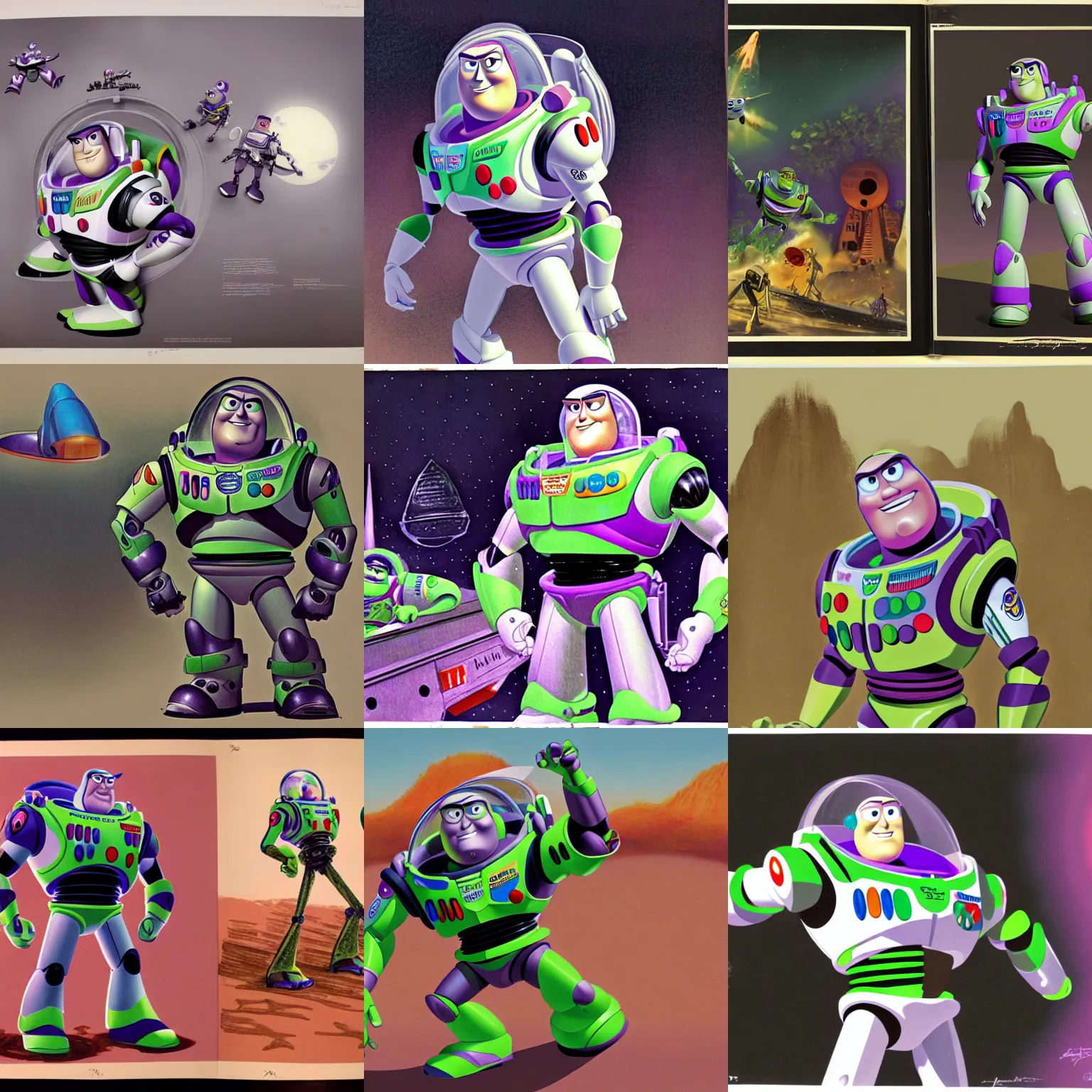 Prompt: H.R. Geiger detailed original concept art for Buzz Lightyear from Toy Story. Sci-fi horror.