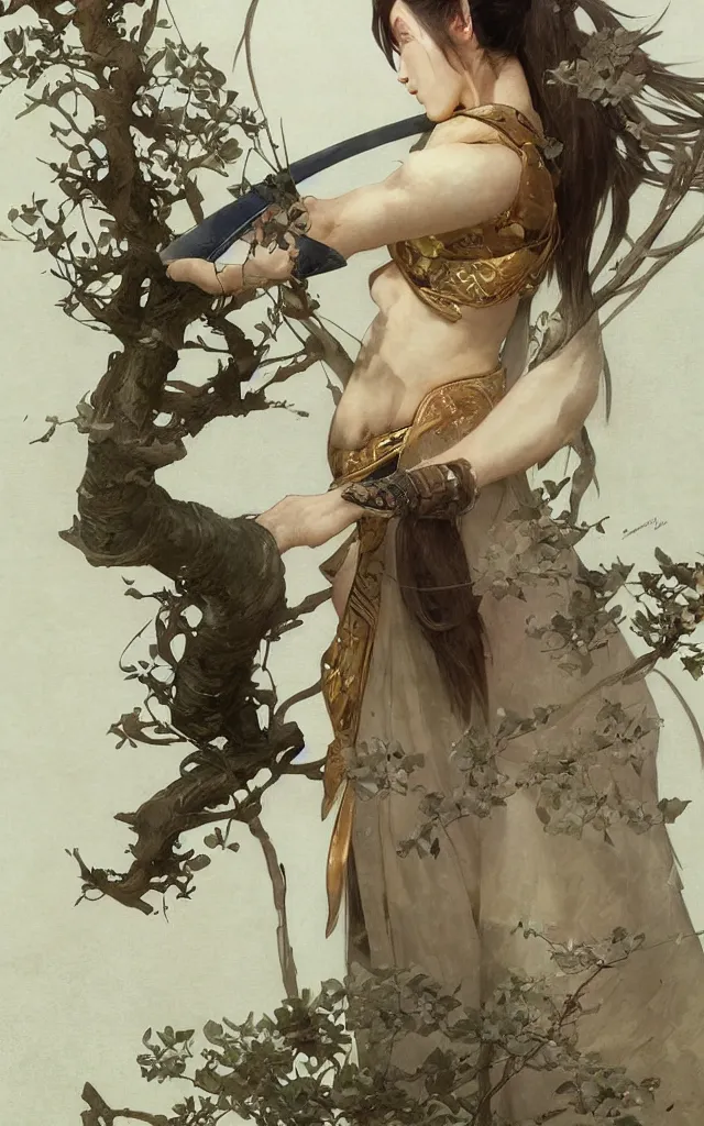 Prompt: modern elegant female ninja samurai, with large sword, feminine, powerful, beautiful, upper body, muscular arms and abdominals, wide leg hakama trousers, highly detailed, sakura tree petals, by gaston bussiere, mucha, gerome, craig mullins, greg rutkowski,