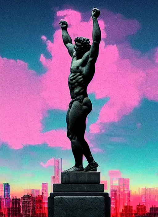 Image similar to statue of victorious hercules, beeple, vaporwave, retrowave, abstract neon shapes, tonal separation, black background, glitch, pixel sorting, strong contrast, pinterest, trending on artstation